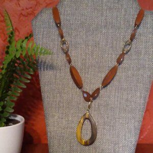 Glass Faux Tiger's Eye & Wood Necklace on Gold Tone